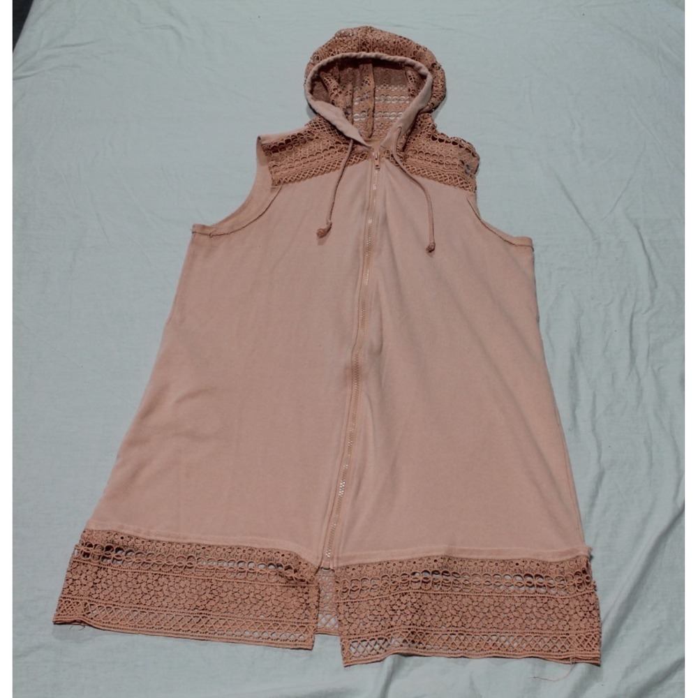 Women Coral Full Zip Hooded Swim Cover Up Crochet Lace Trim Pockets Medium